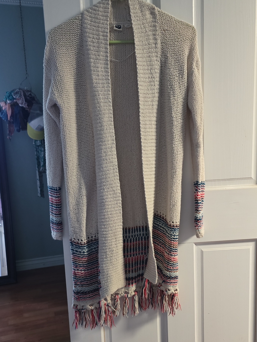 Roxy Cream Open-Front Fringe Cardigan with Multicolor Accents